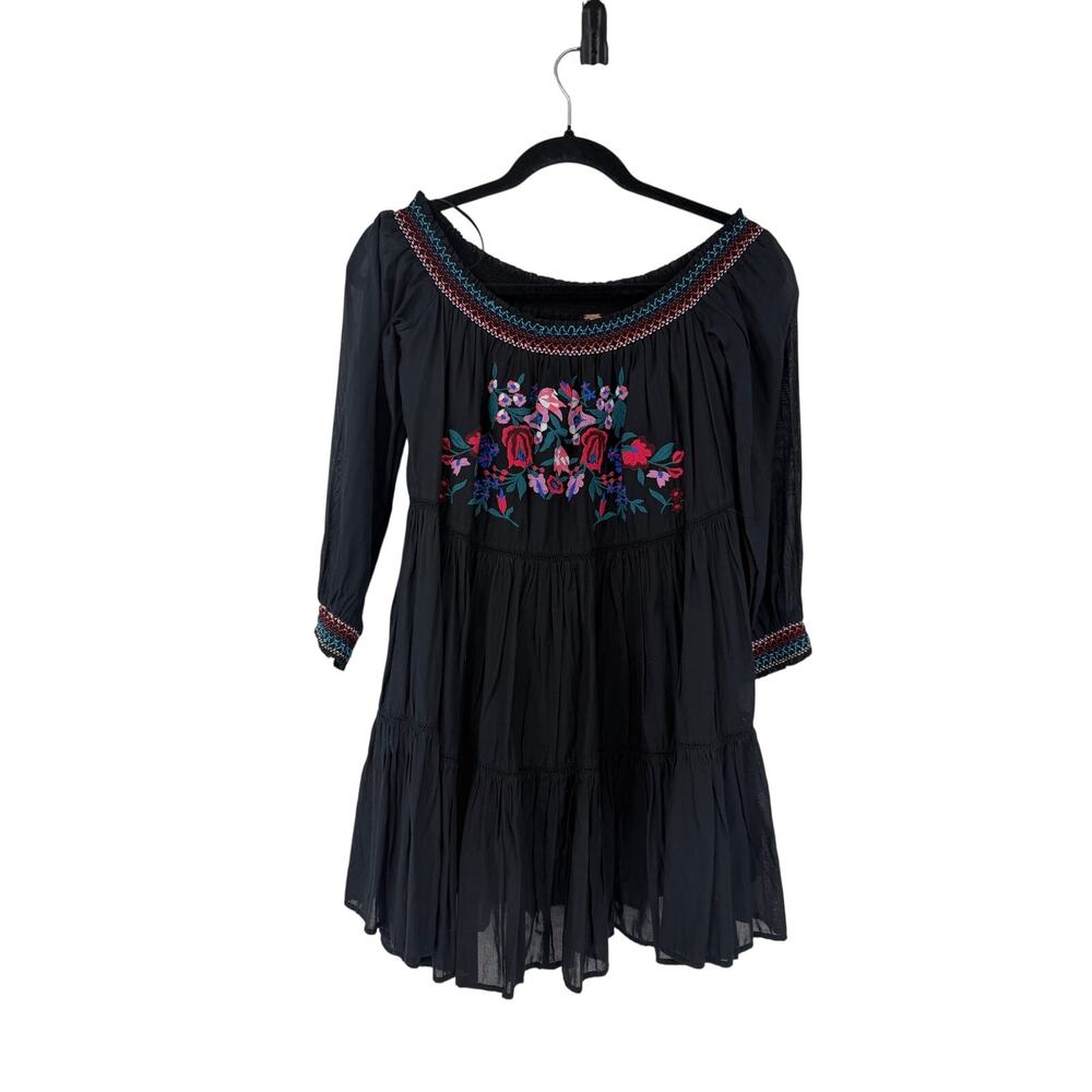 FREE PEOPLE Womens Size S Sunbeams Minidress Black Embroidered Off Shoulders - Picture 2 of 13